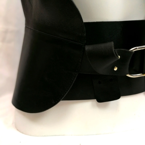 80S VTG black leather cinched waist adjustable statement belt - Picture 2 of 15